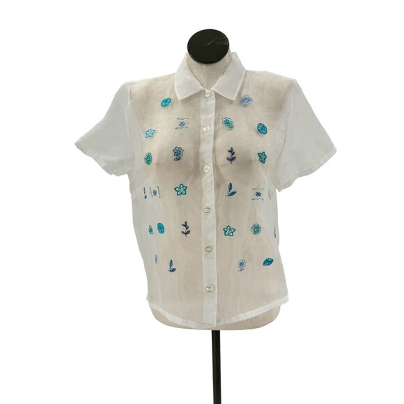 Vintage 80s 90s Sheer & Floral Embroidered Button Up Short Sleeve Blouse - Picture 6 of 6